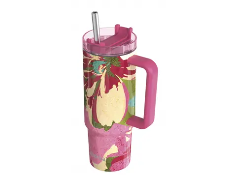 Quokka Edelstahl-Thermosbecher mit Strohhalm Stream Pink Flambe 950 ml