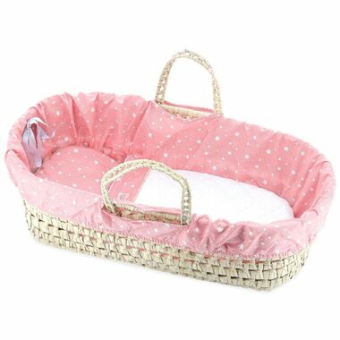 Petitcollin Tragbare Tasche aus Korbgeflecht, gefüttert, rosa, für Puppen bis 50 cm / ab 3 Jahren