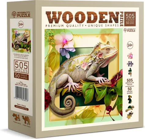 Wooden City Holzpuzzle Chamäleon und Blumen / 505 Teile / ab 14 Jahren