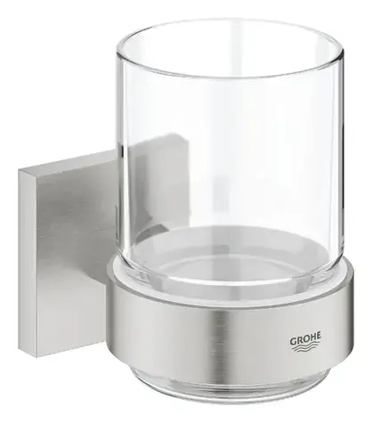 Grohe QuickFix Start Cube - Zahnbürsten- und Zahnpastaglas mit Halter aus Glas/Superstahl 
