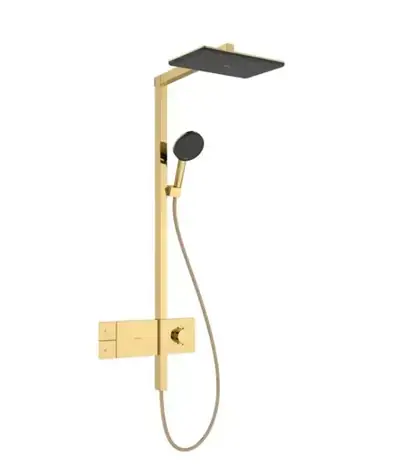 Hansgrohe Raindance Alive Q - Duschset mit Thermostat | 21 x 34 cm | 3 Strahlarten | EcoSmart | polierte Goldoptik 