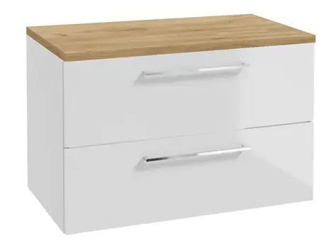 Kielle Vega - Waschtischunterschrank inklusive Waschtischplatte 80 x 50 x 46 cm | Hochglanzweiß/Goldeneiche
