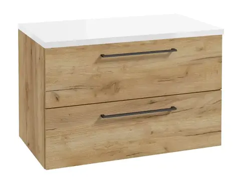 Kielle Vega - Waschtischunterschrank inklusive Waschtischplatte 80 x 50 x 46 cm | Goldene Eiche/Hochglanzweiß