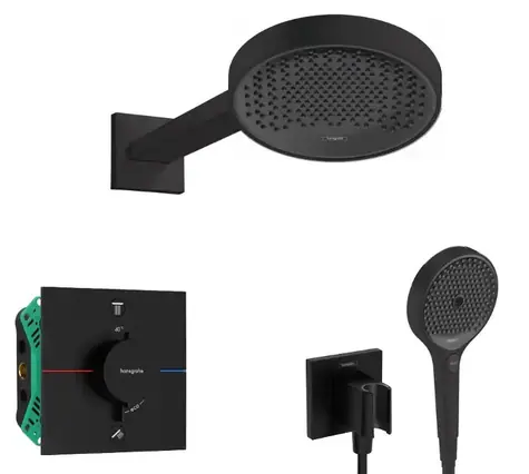 Hansgrohe - Duschset mit verdecktem Thermostat, mit Duschkörper, Durchmesser 25 cm, 3 Strahlarten, matt schwarz