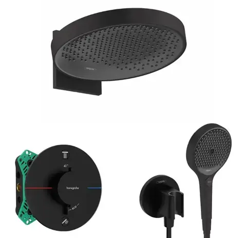 Hansgrohe - Duschset mit verdecktem Thermostat, mit Duschkörper, Durchmesser 36 cm, 3 Strahlarten, matt schwarz
