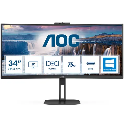 34" AOC CU34V5CW/BK schwarz / VA / 3440 x 1440 / 21:9 / 1ms / 3000:1 / 300cd-m2 / HDMi + DP + USB-C / VESA / Lautsprecher