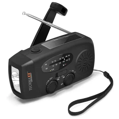Technaxx TX-238 Tragbares Solarradio, schwarz / AM/FM / LED-Taschenlampe / USB-A-Ausgang / Solarpanel