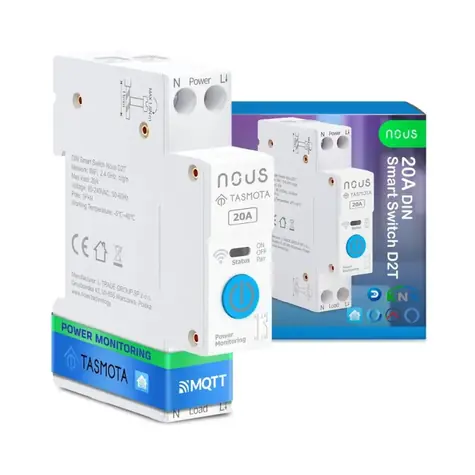 Nous D2T DIN SMART Switch Modul 20A mit Tasmota Firmware / 1 Kanal / mit Verbrauchsmessung / ESP32