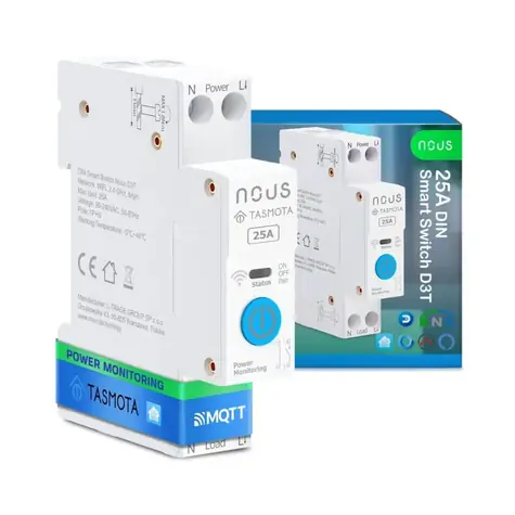 Nous D3T DIN SMART Switch Modul 25A mit Tasmota Firmware / 1 Kanal / mit Verbrauchsmessung / ESP32