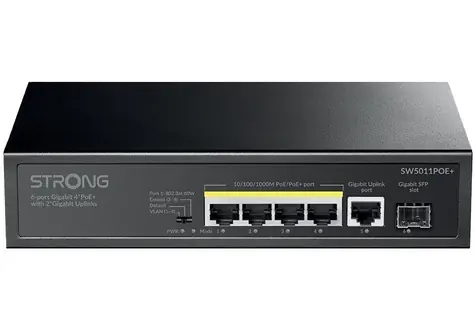 Strong SW5011POE+ / Switch / 5x GbE RJ-45 / PoE+ 802.3 AF/ at / 1x 1Gb SFP / 12Gbps