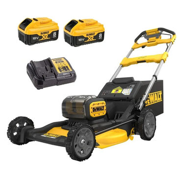 DeWalt DCMWSP156W2 / Akku-Rasenmäher mit Antrieb / 2x18V / Schnittbreite: 53 cm / bis zu 1340 m2 / 67 l Korb / 2x 8,0 Ah