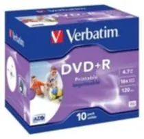 10 Stück DVD+ R 4,7 GB Verbatim 16x / Photo Injekt Printable / JewelCase