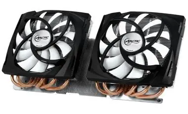 ARCTIC Accelero Twin Turbo 6990 / TDP 400 W / 2x 120 mm / Fluid Dynamic Bearing / 0,4 Sone bei 1500 U/min / Radeon 6990