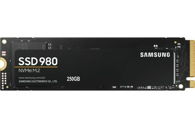Samsung 980 250 GB / SSD / M.2 NVMe PCI-E 3.0 / TLC / R: 2900 MBit/s / W: 1300 MBit/s / IOPS: 320.000 und 230.000 / MTBF 1,5 MHz / 5 Jahre