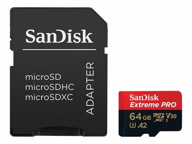 SanDisk Extreme PRO microSDXC 64 GB + Adapter / Klasse 10 / A2 / V30 / UHS-I U3 / Lesen: bis zu 200 MB / Schreiben: bis zu 90 MB