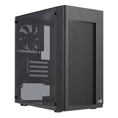 AeroCool Hexform schwarz / PC-Gehäuse / Micro ATX / 1x USB 3.0 / 2x USB 2.0 / Ohne Netzteil / transparente Seite