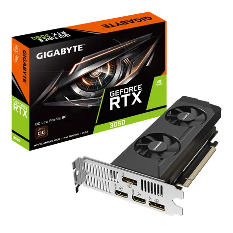GIGABYTE GeForce RTX 3050 OC Low Profile 6 GB / 1042-1477 MHz / 6 GB D6 / 96-Bit / 2x HDMI & 2x DP / 70 W