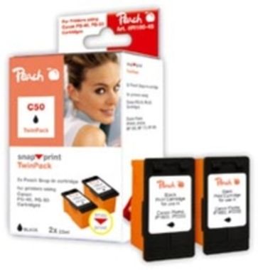 Peach PG-50 / PG-40 / PG-37 / alternative Patrone ohne Druckkopf / Twinpack / 2x22 ml / schwarz