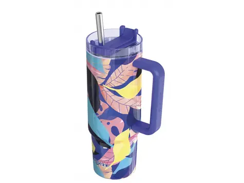 Quokka Edelstahl-Thermosbecher mit Strohhalm, Farbe: Vibe Midnight Forest, 880 ml