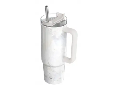 Quokka Edelstahl-Thermosbecher mit Strohhalm, Farbe Vibe Marble, 880 ml