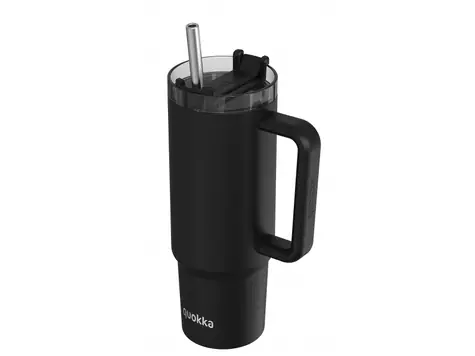 Quokka Edelstahl-Thermosbecher mit Strohhalm, Farbe Vibe Schwarz, 880 ml