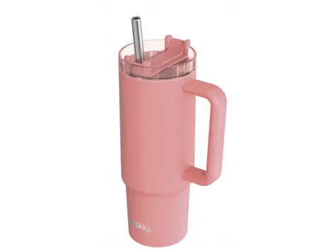 Quokka Edelstahl-Thermosbecher mit Strohhalm, Farbe Vibe Coral, 880 ml