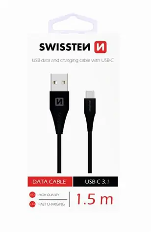 Swissten Datenkabel USB - USB-C 3.1 schwarz 1,5m (7mm)