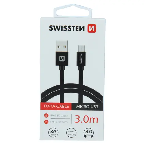 Swissten TEXTILE Datenkabel USB - microUSB 3M schwarz