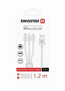 Swissten TEXTILE 3in1 Datenkabel MFi 1,2m Silber