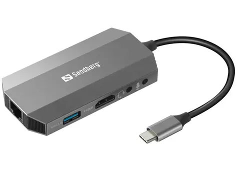 Sandberg USB-C 6-in1-Dockingstation / HDMI / 2xUSB 3.0 / PD 100W / SDµSD-Kartenleser / LAN / Audio- und Mikrofonanschluss
