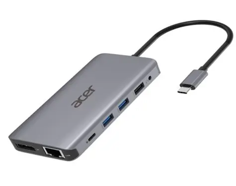 Acer 12in1 Dockingstation silber / USB-C / 2×USB3.2 / 2×USB2.0 / 1×SD-TF-Leser / 2×HDMI / PD / DP / LAN / 3,5 mm