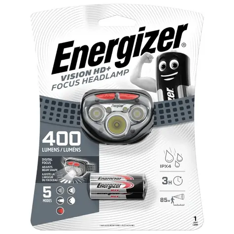 Energizer Spotlight Vision HD+ Focus 400lm / Stirnlampe / Nachleuchten: bis zu 85 Meter / 3xAAA 