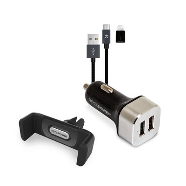 RealPower Mobile Car Set / Telefonhalter und 2-Port-USB-Ladegerät / Micro-USB zu Lightning