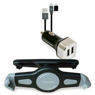RealPower Tablet Car Set / Tablet-Halterung und 2-Port-USB-Ladegerät / Micro-USB auf Lightning