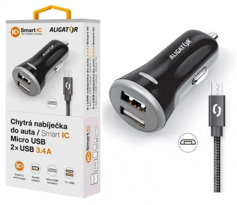 Aligator Smart Autoladegerät 3,4A schwarz / 2xUSB / SMART IC / Micro-USB-Kabel 2A