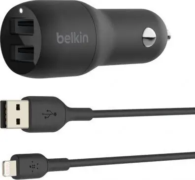 Belkin CCD001bt1MBK Dual-Autoladegerät schwarz / USB-Autoladegerät + Kabel / Beleuchtung / 24W / 1m