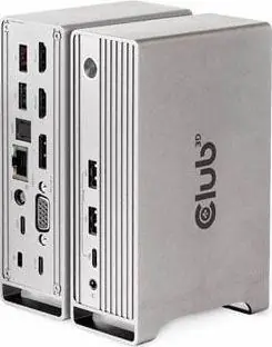 Club3D USB-C Dockingstation 120 W silber / Dockingstation / Ausgang max. 100 W / VGA + HDMI + DP / USB / 3,5-mm-Buchse 
