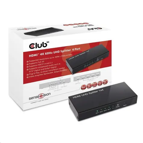 Club3D CSV-1380 Videosplitter 1:4 HDMI 2.0 schwarz / 4K 60Hz / 3D-Unterstützung / 4 Ports 