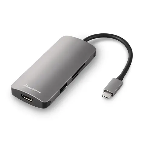 Sharkoon dunkelgrau / Multiport-Adapter / Dockingstation / USB Typ C & USB & HDMI & MicroSD & SD