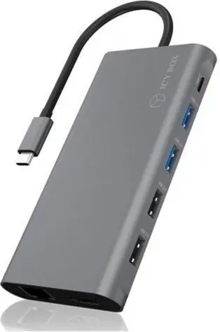 Icy Box IB-DK4050-CPD grau-schwarz / USB-C Dockingstation / USB-C / 2x HDMI / DP / SD / microSD / RJ45