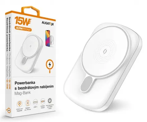 Aligator AMS03WT Mag-Bank weiß / Powerbank mit kabellosem Laden / Qi / 5000mAh / 15W 