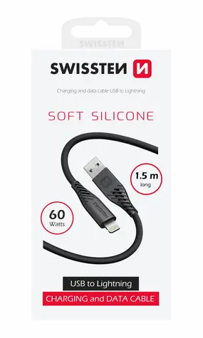 Swissten SOFT SILICONE Datenkabel USB-A - Lightning 1,5m schwarz / 60W / 3A / 1x USB-A(M) / 1x Lightning(M)