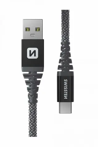 Swissten Aramidverstärktes USB-C-Datenkabel, 1,5 m, grau / 60 W / 3 A / 1x USB-C (Stecker) / 1x USB-A (Stecker)