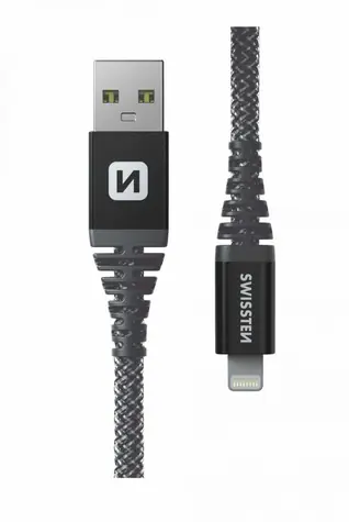 Datenkabel USB-A - Lightning, 1,5 m, aus Swissten Material, 1,5 m, grau / 60 W / 3 A / 1x USB-A (Stecker) / 1x Lightning (Stecker)