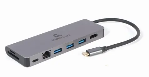 Gembird A-CM-COMBO5-05 grau / USB-C-Hub / 3x USB 3.0 / 1x HDMI (4K) / 1x USB-C / microSD / SD / RJ45
