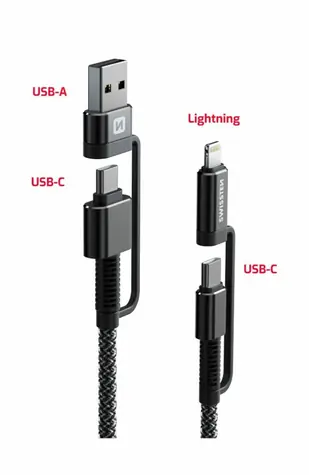 Swissten Aramid-verstärktes Datenkabel 4-in-1 USB-C (Stecker) - USB-A (Stecker) - Lightning (Stecker) 1,5 m schwarz / 60 W / 3 A 
