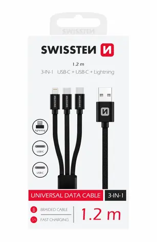 Swissten TEXTILE Datenkabel 3 in 1 2x USB-C (M) - Lightning (M) - USB-A (M) 1,2m schwarz / 60W / 3A
