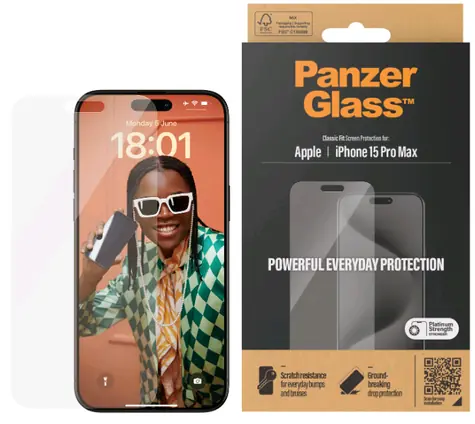 PanzerGlass Classic Fit Schutzglas für Apple iPhone 15 Pro Max / Montageset 