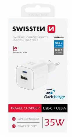 Swissten Netzwerkadapter GaN USB-A/USB-C 35W weiß / PD / QC