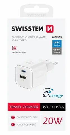 Swissten Netzwerkadapter GaN USB-C/USB-A weiß / 20W / QC / PD